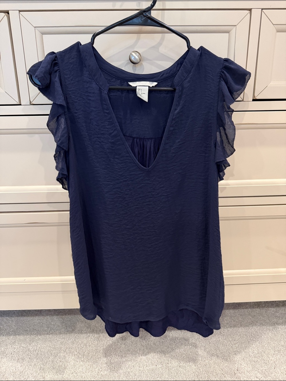 H&M Navy V-Neck Ruffle Sleeve Blouse worn once